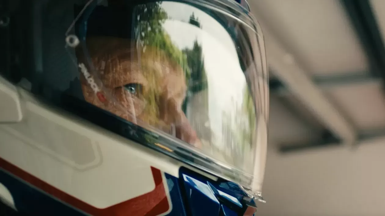Close up of a person wearing a helmet